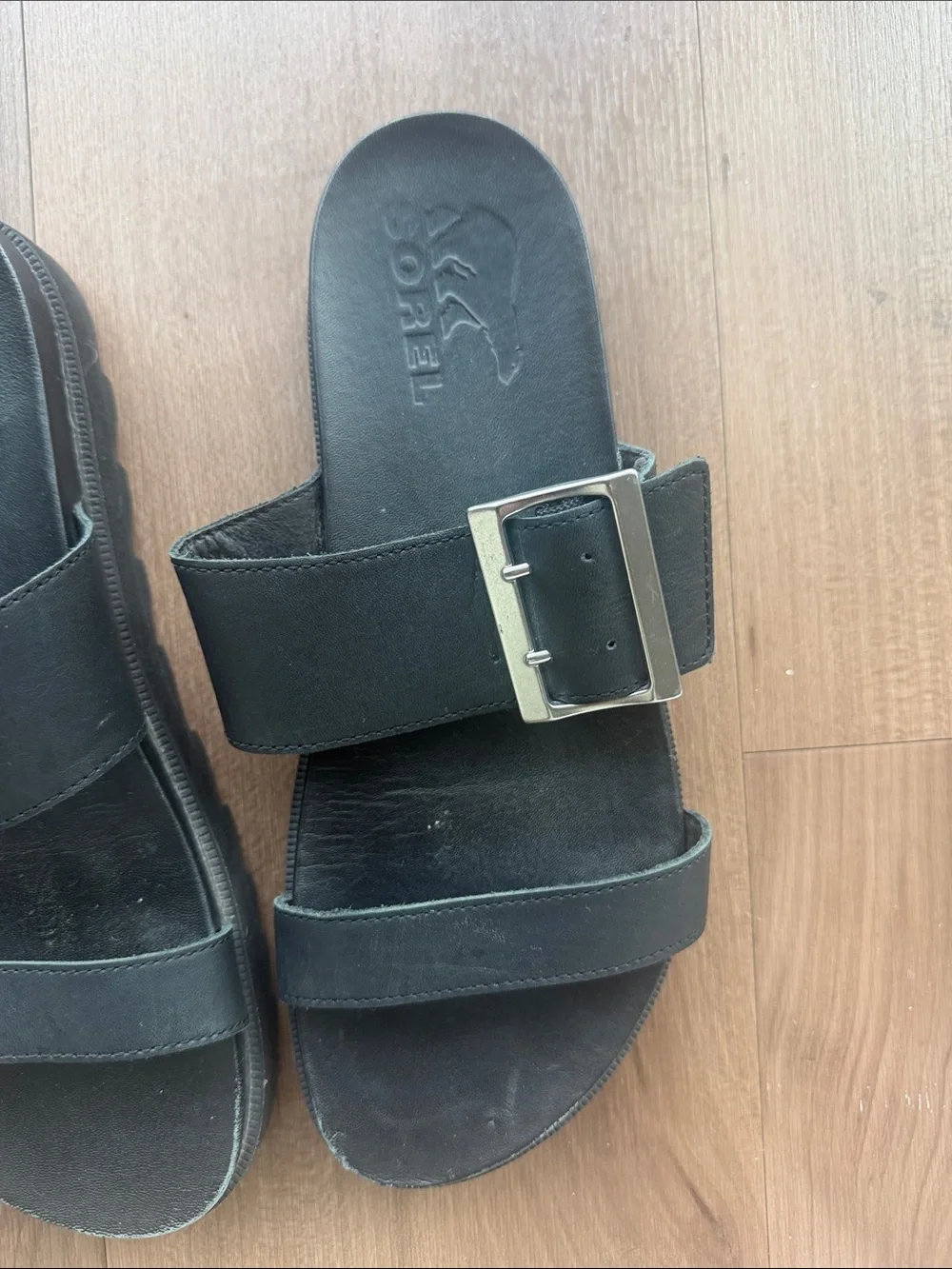 Sorel Black Double-Strap Slide Sandals with Silver Buckles
